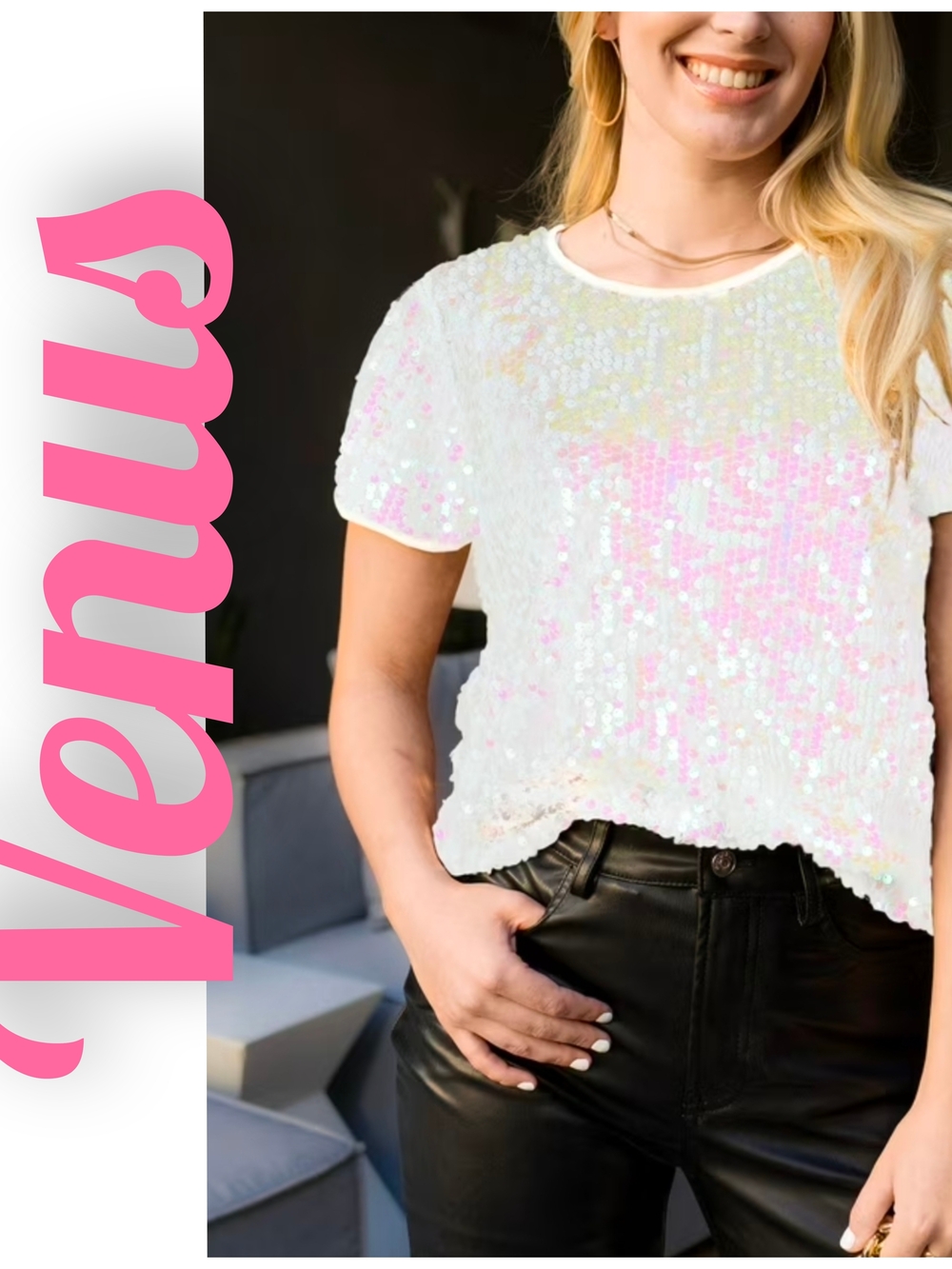VENUS Iridescent White Sequin Short-Sleeve Top